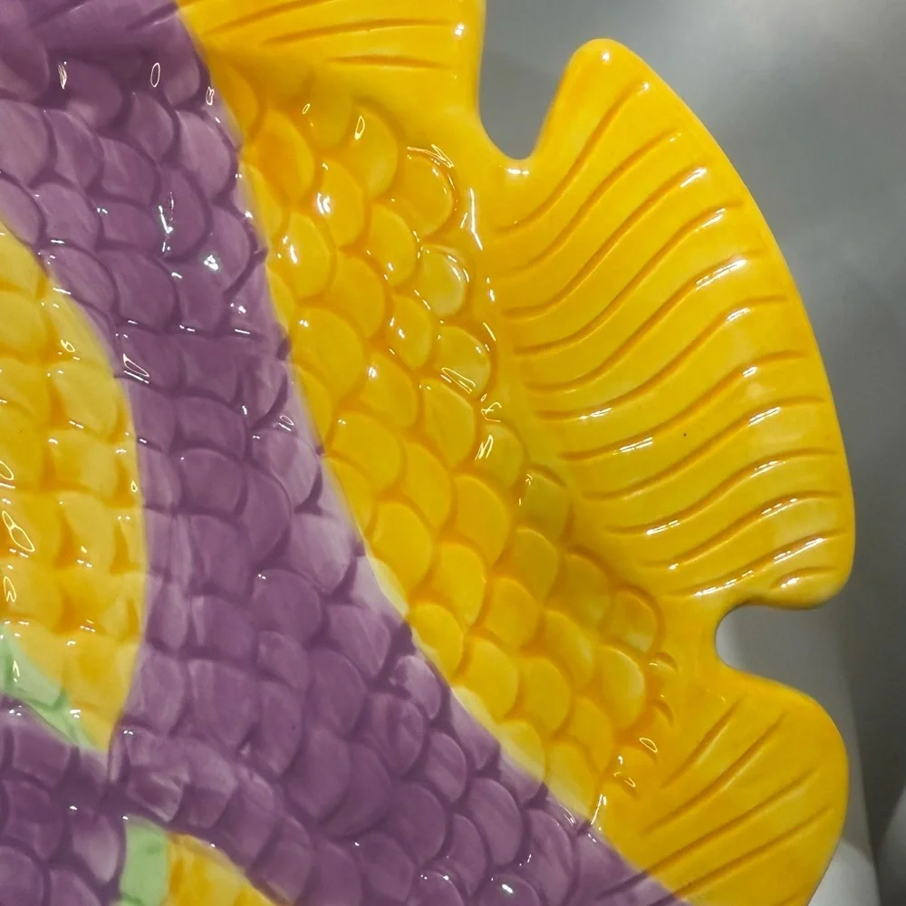 Vintage Hand Painted Ceramic Fish Large Yellow/Purpl Serving Platter 14 3/4 x 11